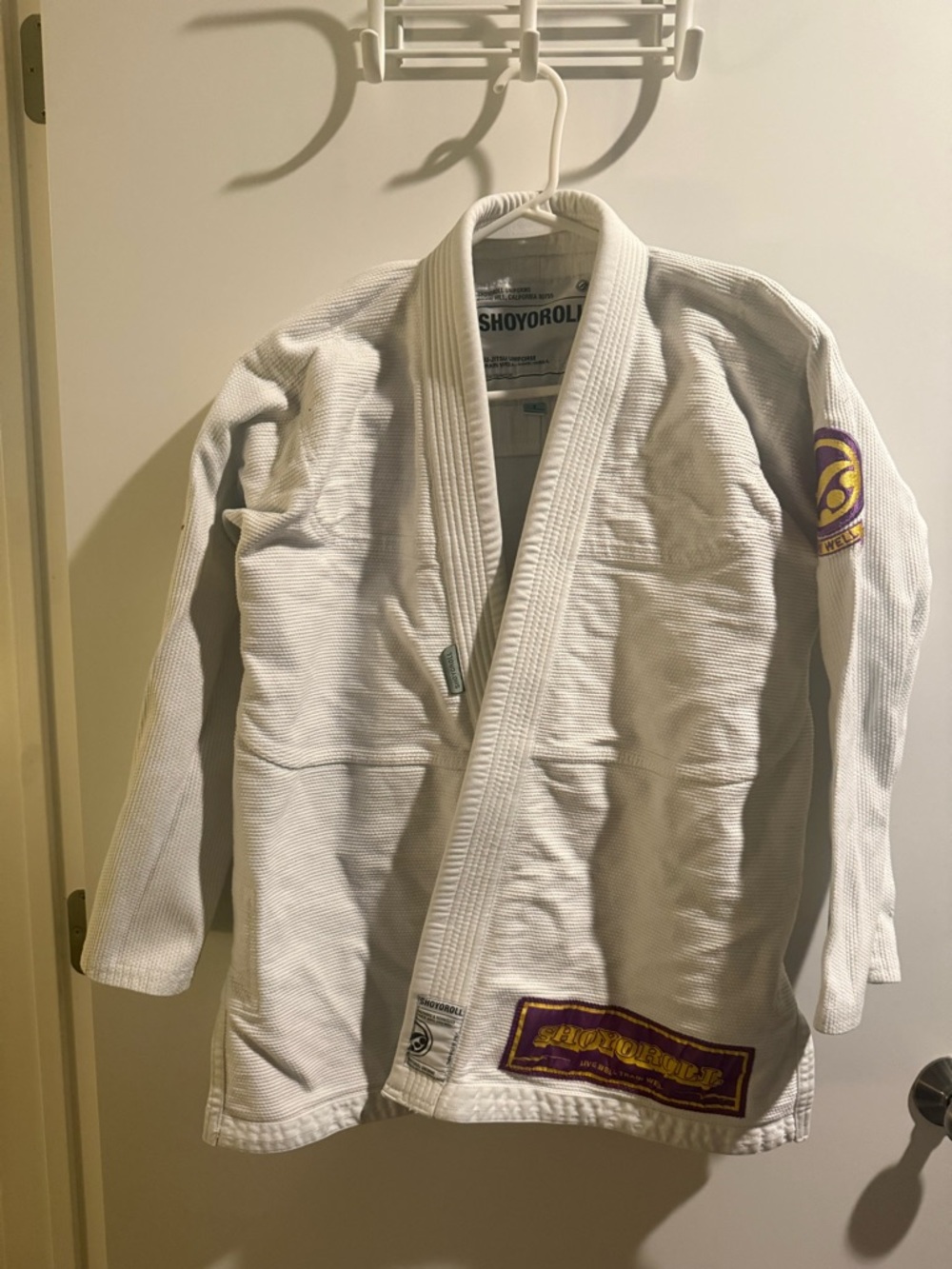 Shoyoroll White Brazilian Jiu-Jitsu Gi Jacket with Purple/Gold Patches
